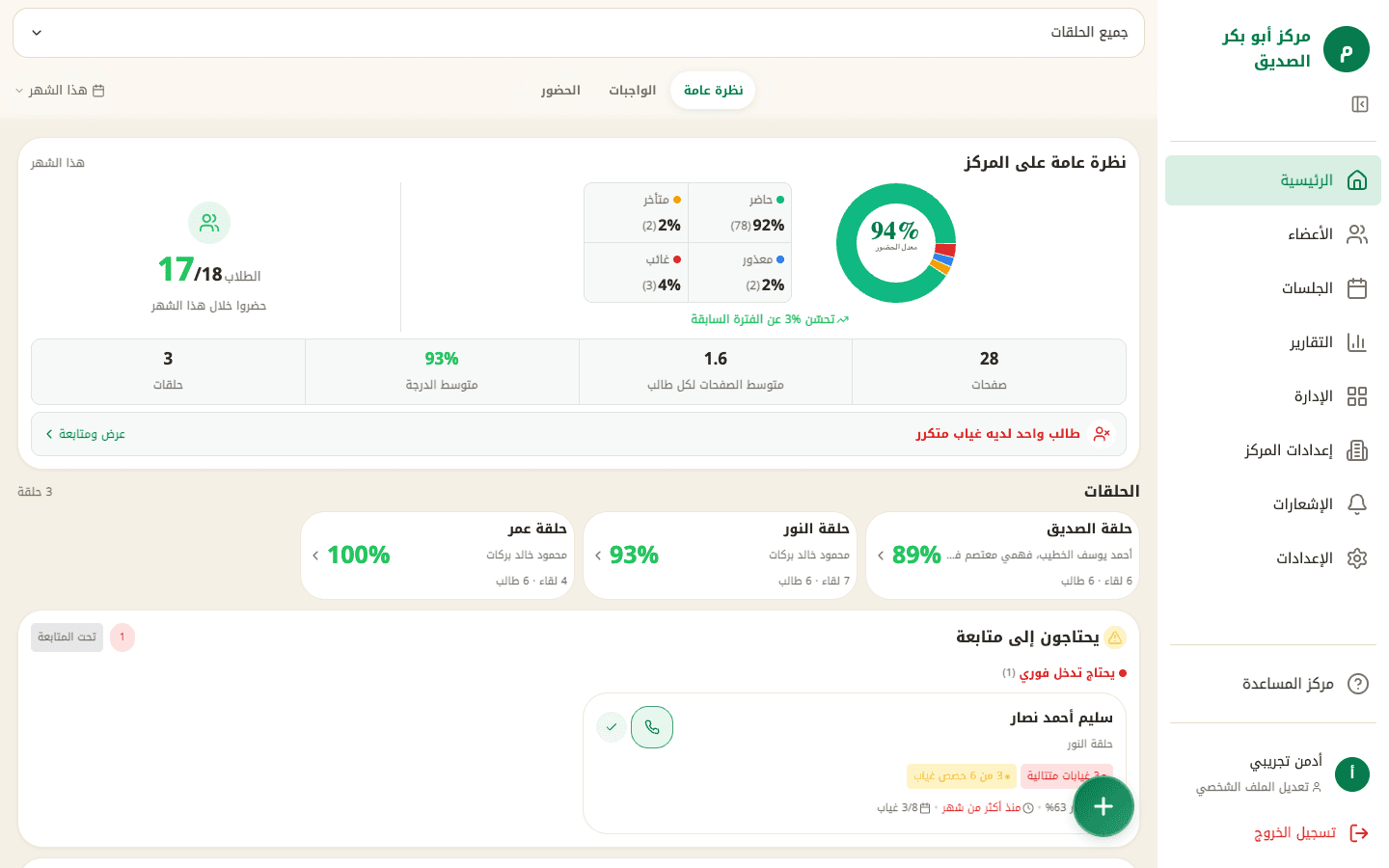 لوحة تحكم جيل القرآن — نظرة عامة على المركز